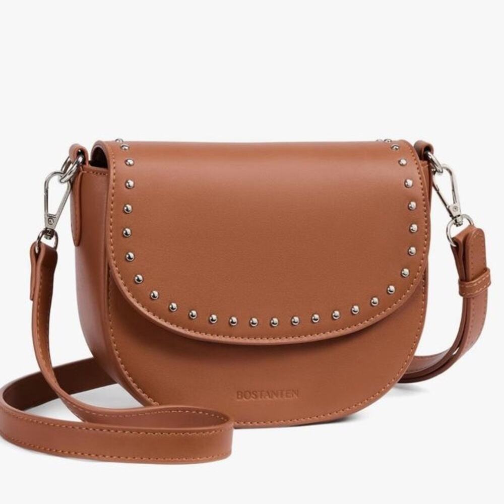 NWOT BOSTANTEN Crossbody Bag Women Vegan Leather Purse Studded Brown